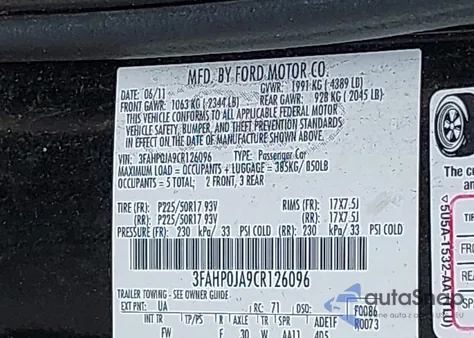 2012 Ford Fusion Sel from USA, damaged, VIN 3FAHP0JA9CR126096